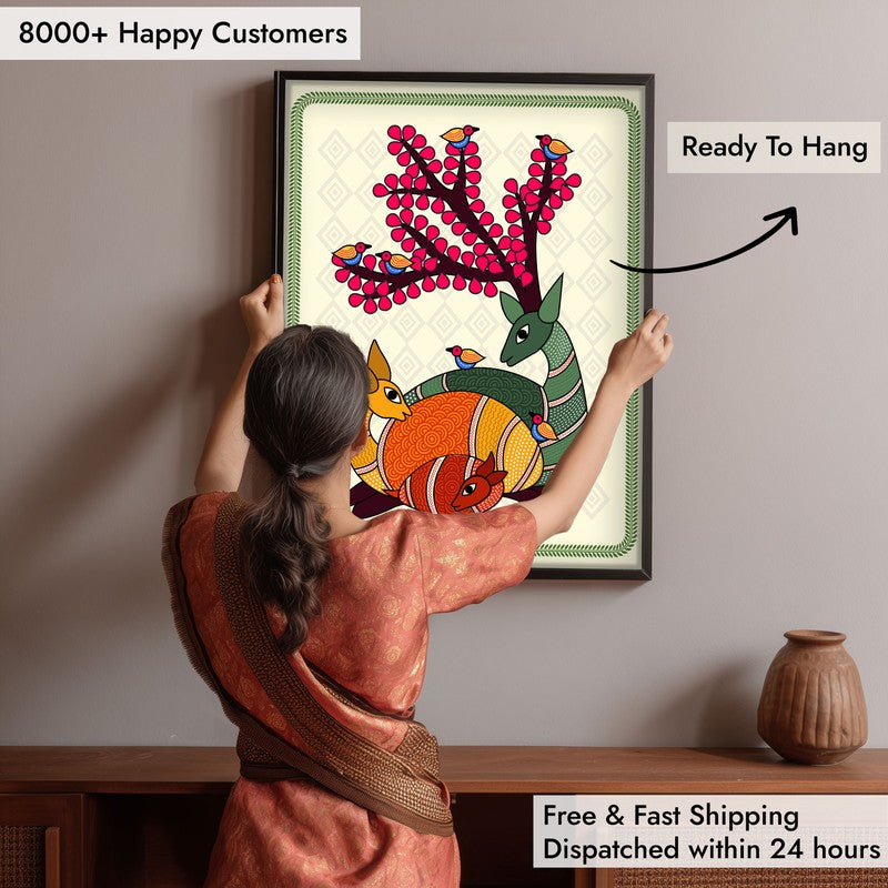 Deer In Color Framed Madhubhani Canvas Wall Painting media 7