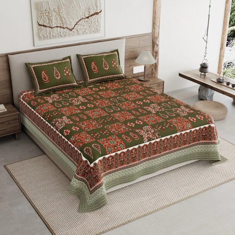 Jaipur Charm Cotton Bedsheet (Olive Green,Maroon) - 120 TC media 1