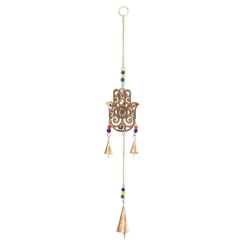 Gold Hamsa hand windchime with colourful beads and hanging metal chimes