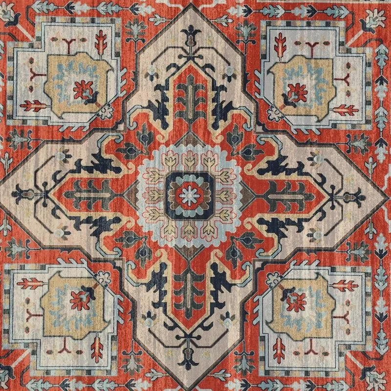 Close-up of the carpet's intricate multicolour ethnic motif and central medallion
