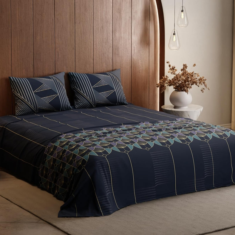 Lumiere Pure Cotton Bedsheets (Blue,Silver) - 240 TC