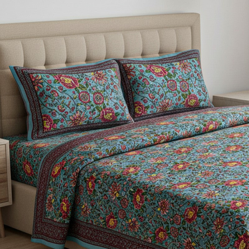 Alderidge Floral Printed Cotton Bedsheet (Sea Green) - 120 TC media 3