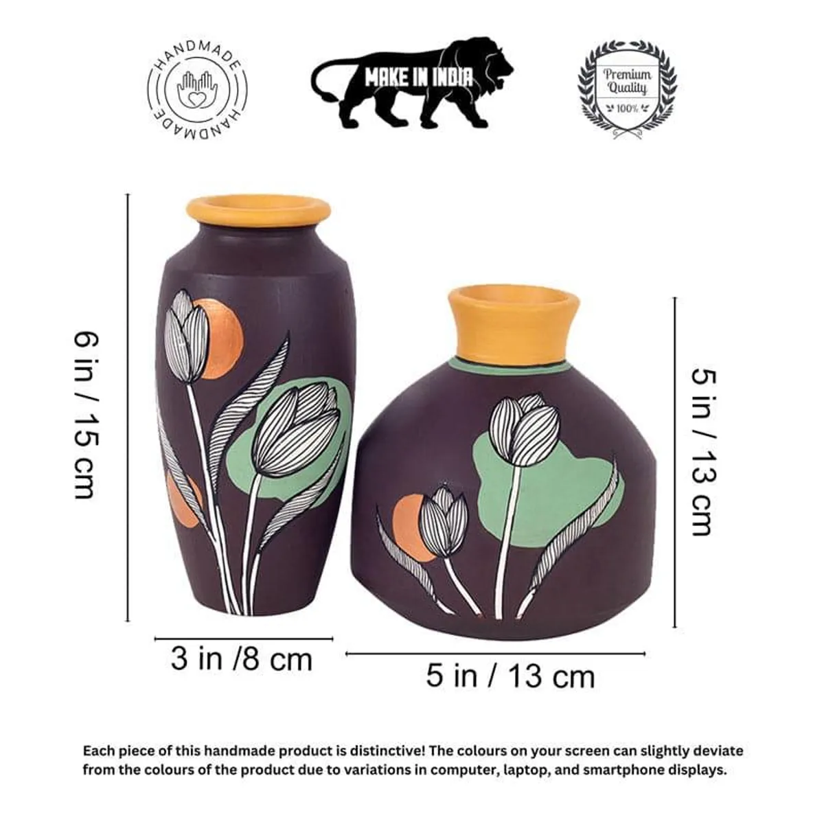 Set of two painted terracotta vases shown together on a white background