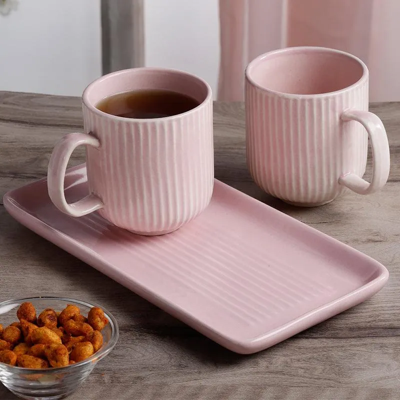 Vantera Pink Ceramic Mug And Tray (220 mL Each) - Three Piece Set media 1