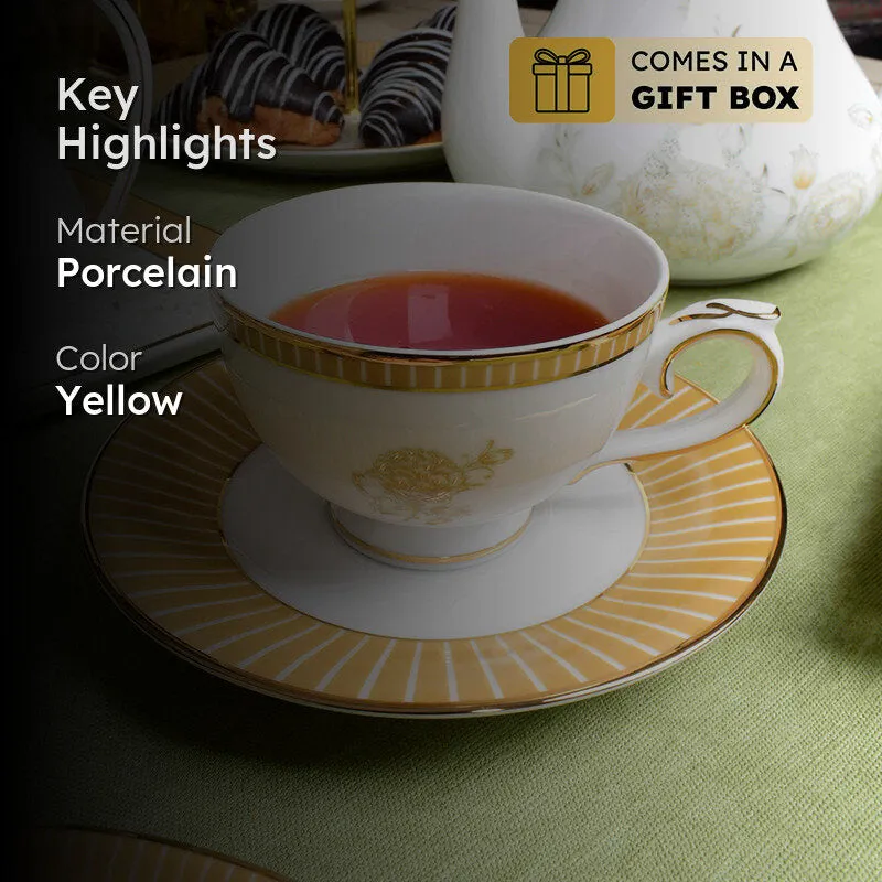 Gilded Iris 24k Gold Brushed Porcelain Tea Cup & Saucer (300 mL) - Set of Six media 2