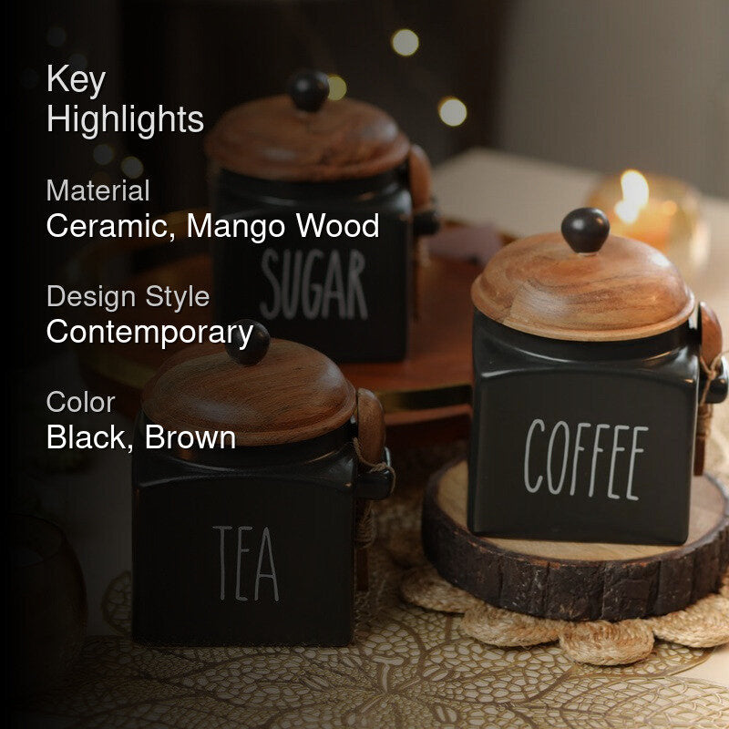 Midnight Muse Ceramic Storage Jar with Mango Wood Lid (1000 mL Each) - Set Of Three media 2