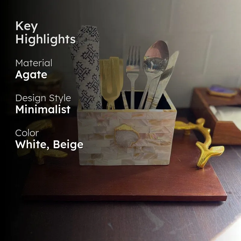Suzzaine Handcrafted Mother Of Pearl & Agate Cutlery Holder - White & Beige media 2