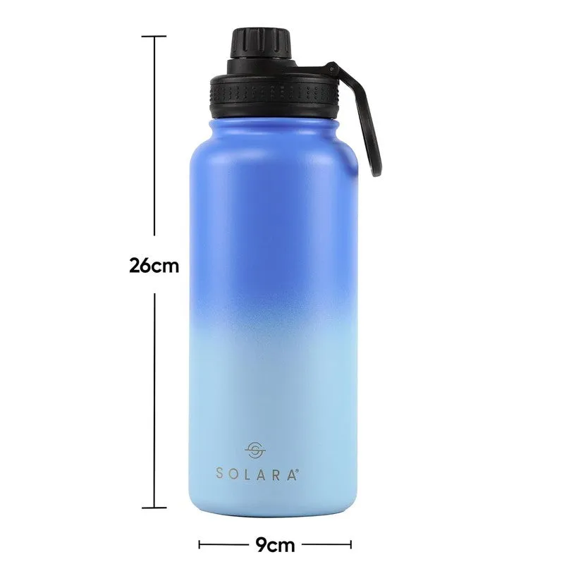 Blue bottle shown with vertical and horizontal measurement guides