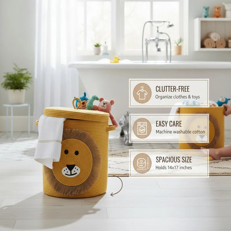 Yellow lion storage basket with lid shown in a styled bathroom scene
