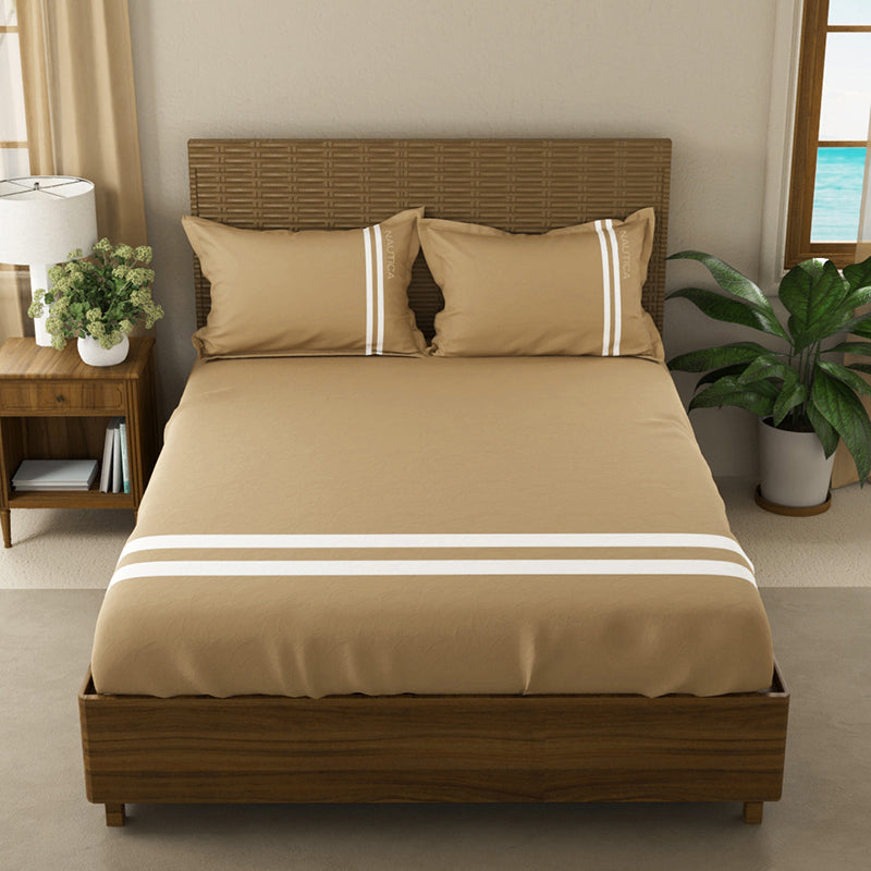 Nautica Dune Line Cotton Bedsheet (Tan & White) - 500 TC media 3