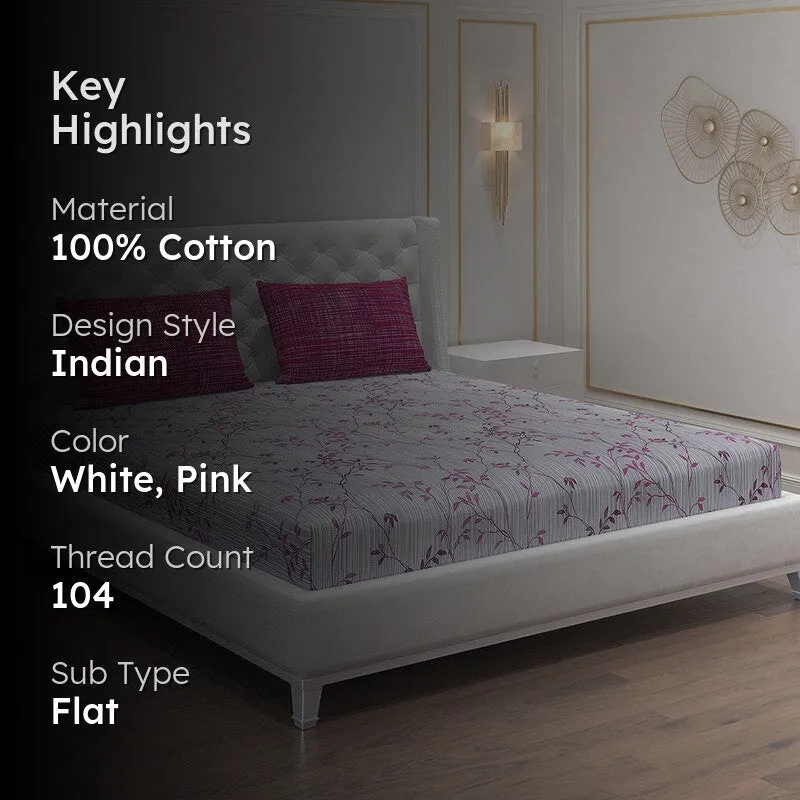 Monte Carlo Flora Form Cotton Bedsheet (White,Pink) - 104 TC media 2
