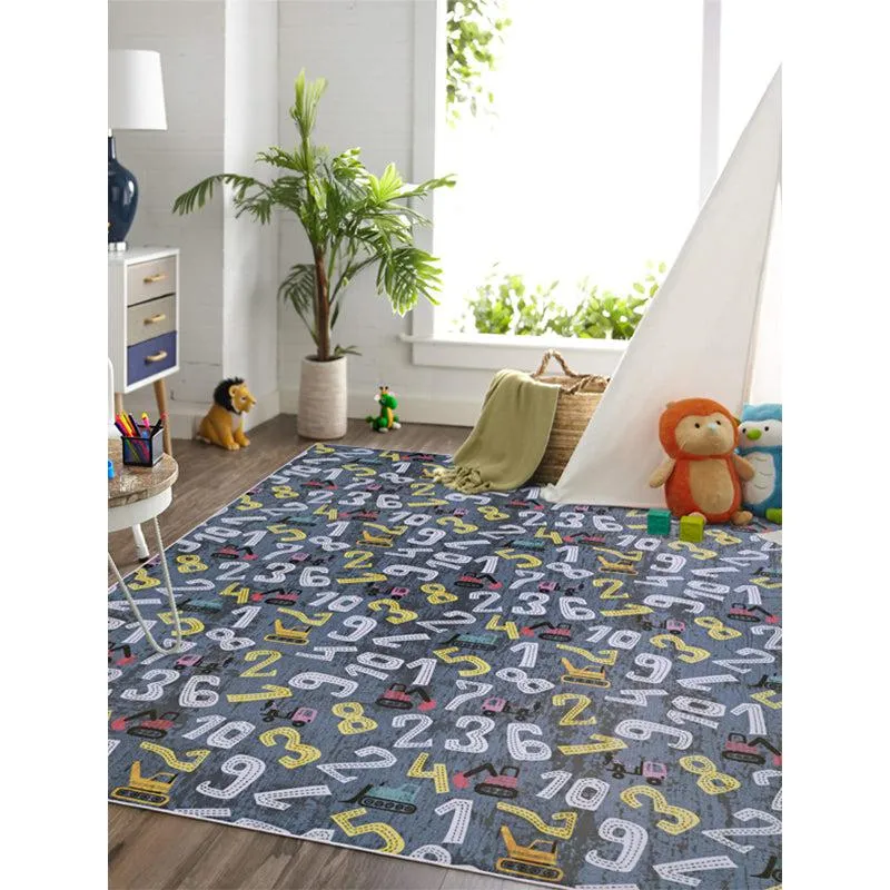 Grey kids carpet with colourful numbers and crane motifs in a playroom setting