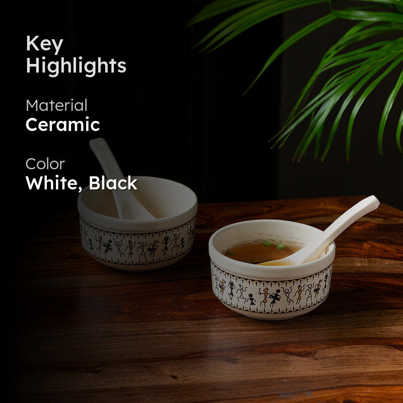 Warli Whirls Handcrafted Ceramic Soup Bowl With Spoon (300 mL) - Four Piece Set media 2