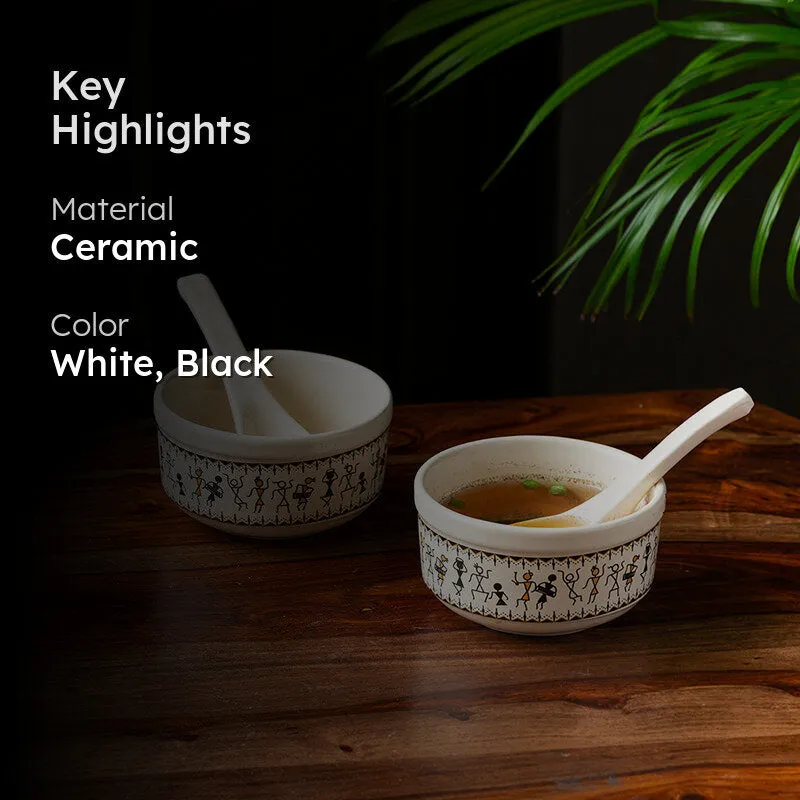Warli Whirls Handcrafted Ceramic Soup Bowl With Spoon (300 mL) - Four Piece Set media 2