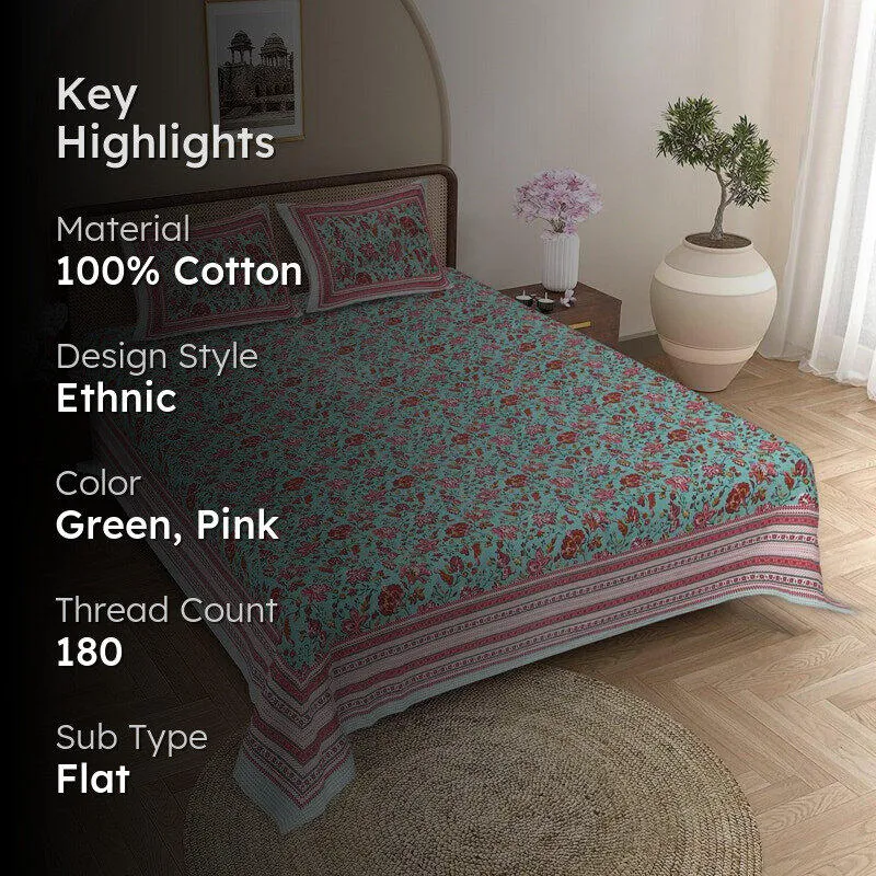 Vishala Ethnic Cotton Bedsheet (Green,Pink) - 180 TC media 2