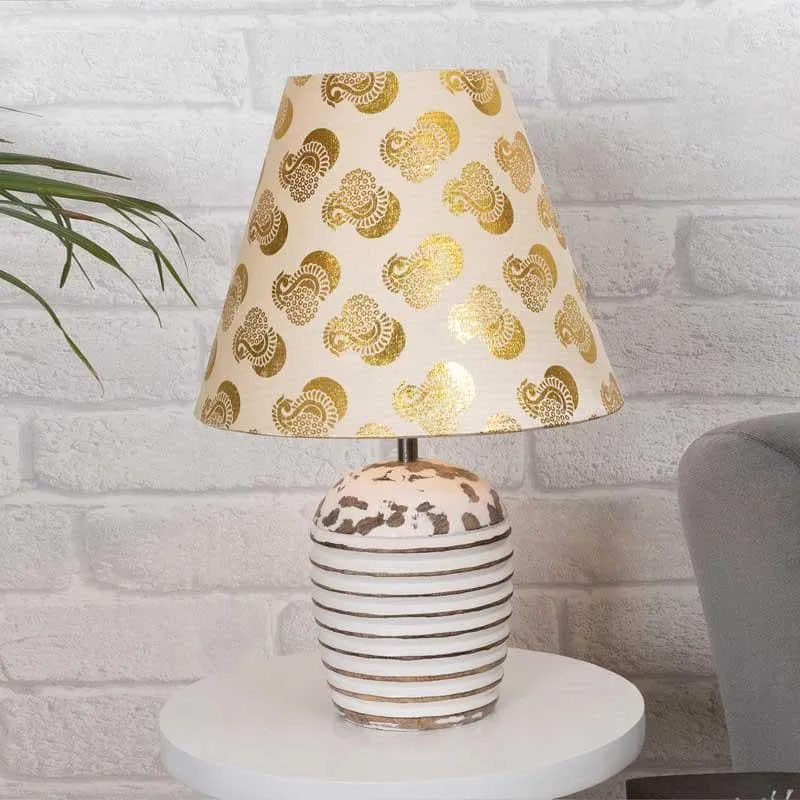 White Fabric Table Lamp - White,Gold media 3
