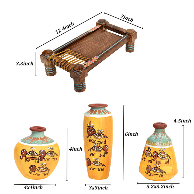 Happy Elephant Yellow Tribal Vase & Charpai Stand - Four Piece Set media 5