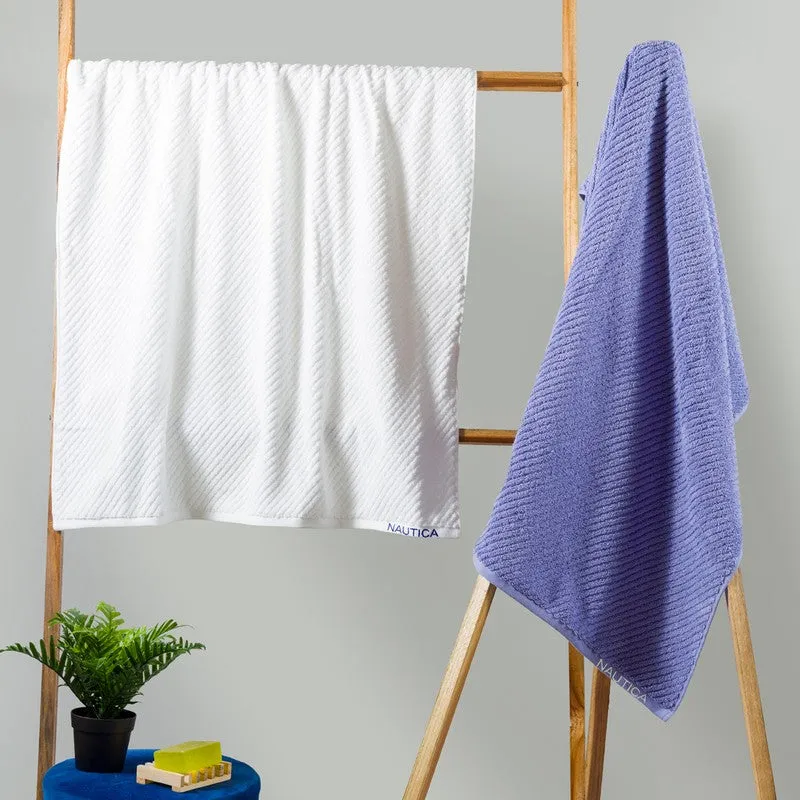 Nautica Riviera Soft Cotton Bath Towel (White & Light Blue) - Set Of Two media 1
