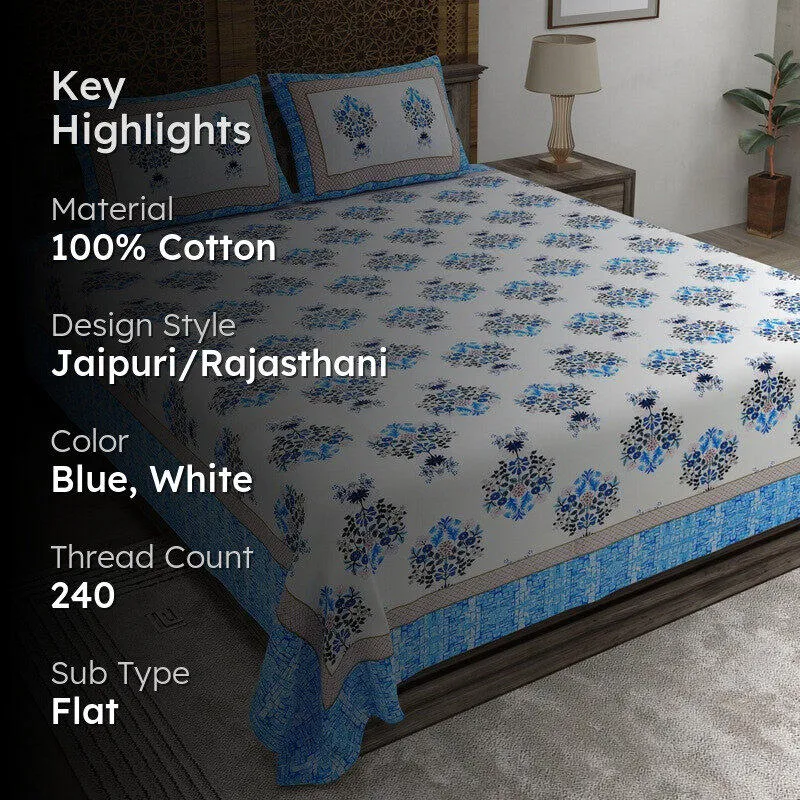 Royaly Cotton Bedsheet (Blue,White) - 240 TC media 2