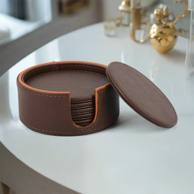 Tisca Faux Leather Coaster (Brown) - Seven Piece Set media 1