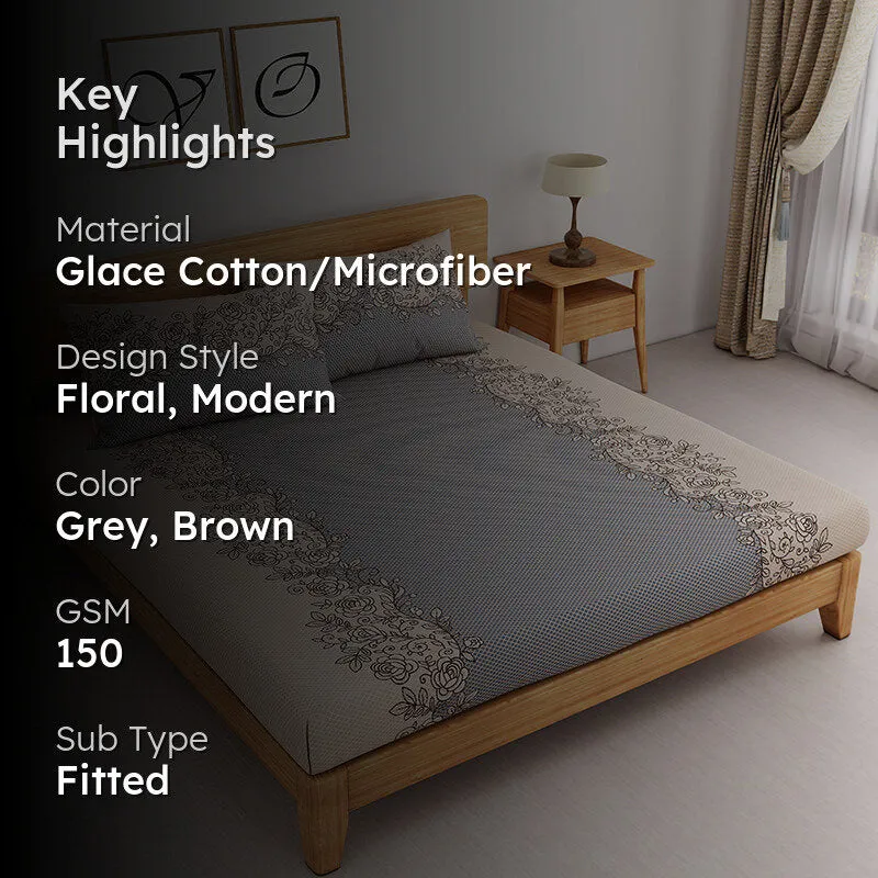 Earthen Flowers Fitted Microfiber Bedsheet (Grey) - 150 GSM media 2