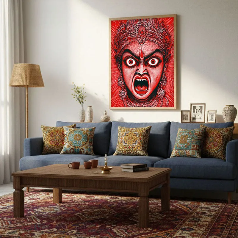 Rudra Mahakali Spiritual Archival Paper Wall Painting - Natural Brown Frame media 4