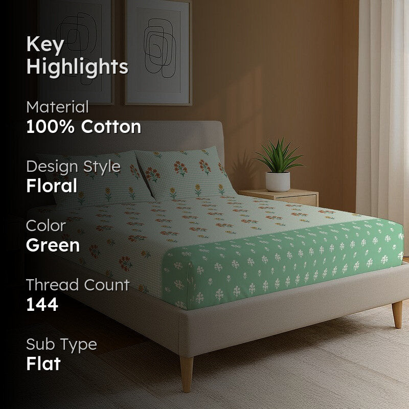 Green Meadows Floral Cotton Bedsheets (Green) - 144 TC media 2