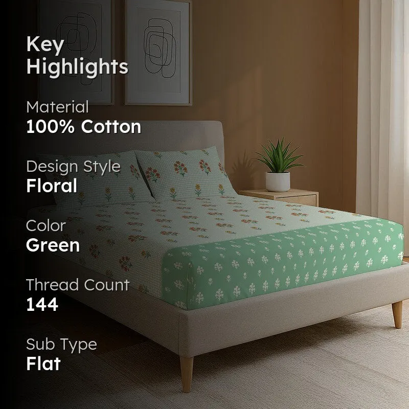 Green Meadows Floral Cotton Bedsheets (Green) - 144 TC media 2