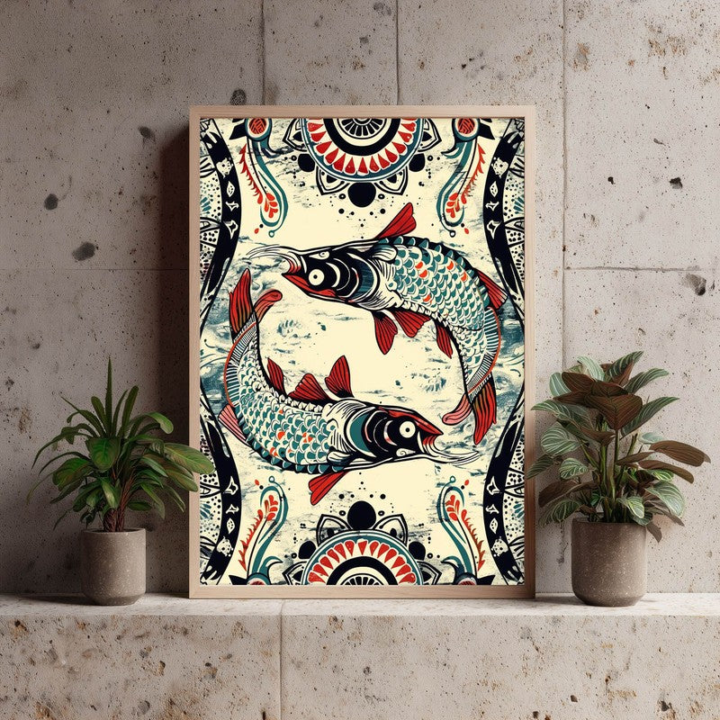 Fish Illustration Canvas Wall Painting With Brown Frame media 7