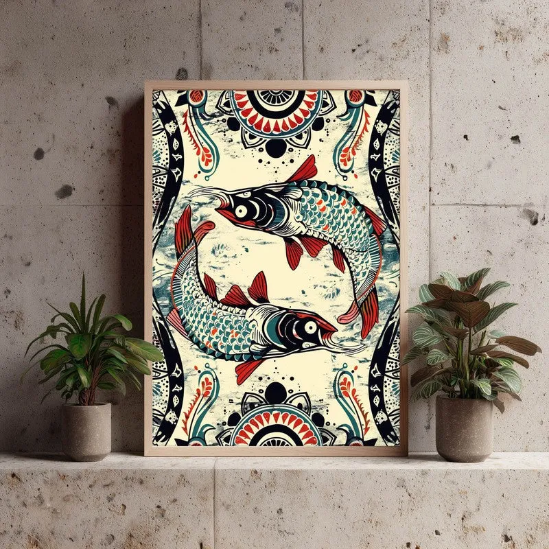 Fish Illustration Canvas Wall Painting With Brown Frame media 7
