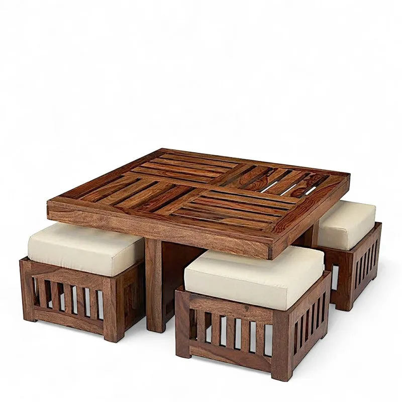 Gaviron Sheesham Wooden Center Table with Stools and Cushions (Brown) - Nine Piece Set media 4