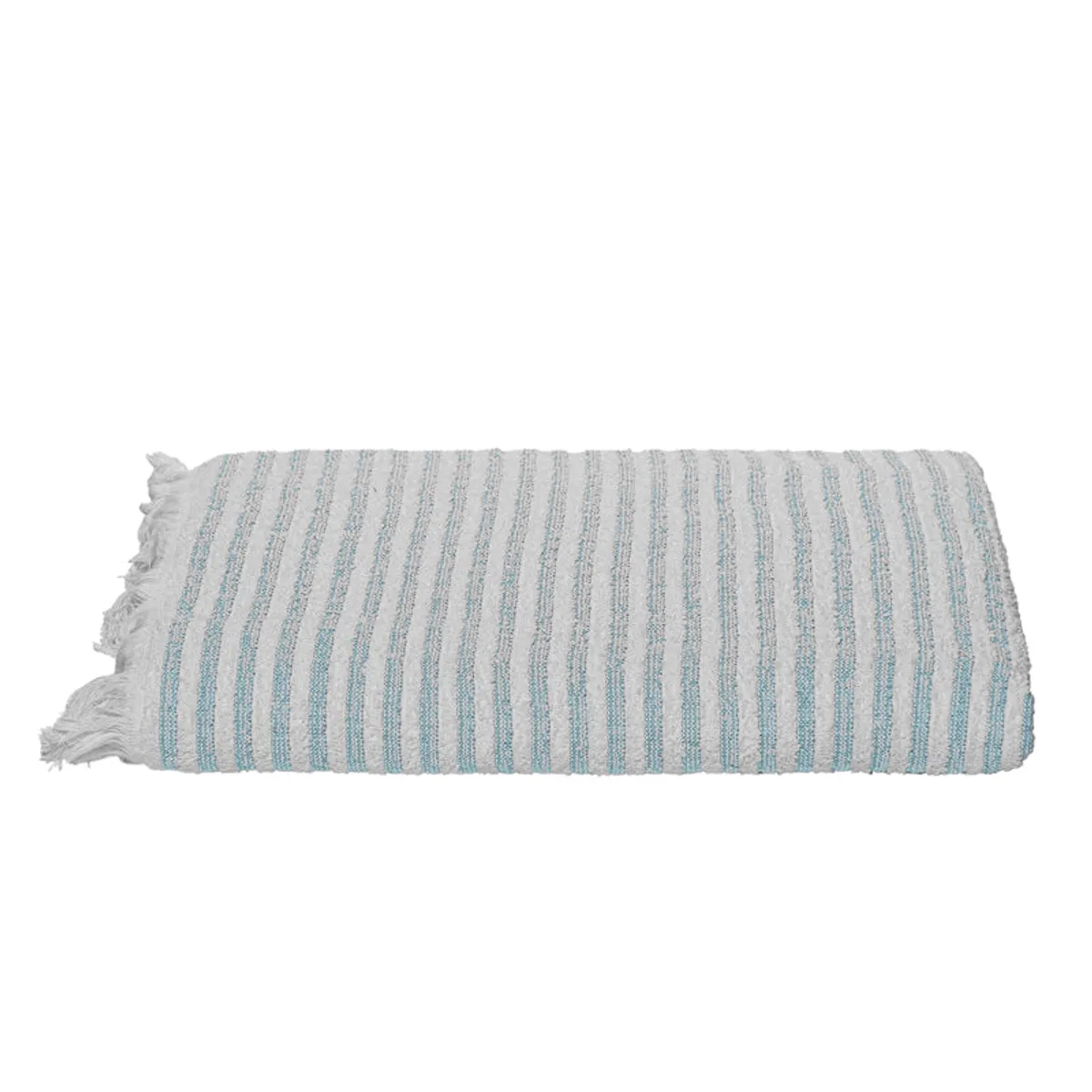 Folded light blue and white striped bath towel with fringed edges on a white background.