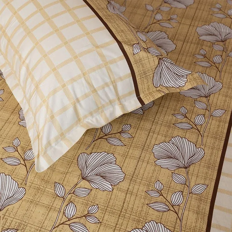 Manora Floral Cotton Bedsheet (Yellow) - 144 TC media 1