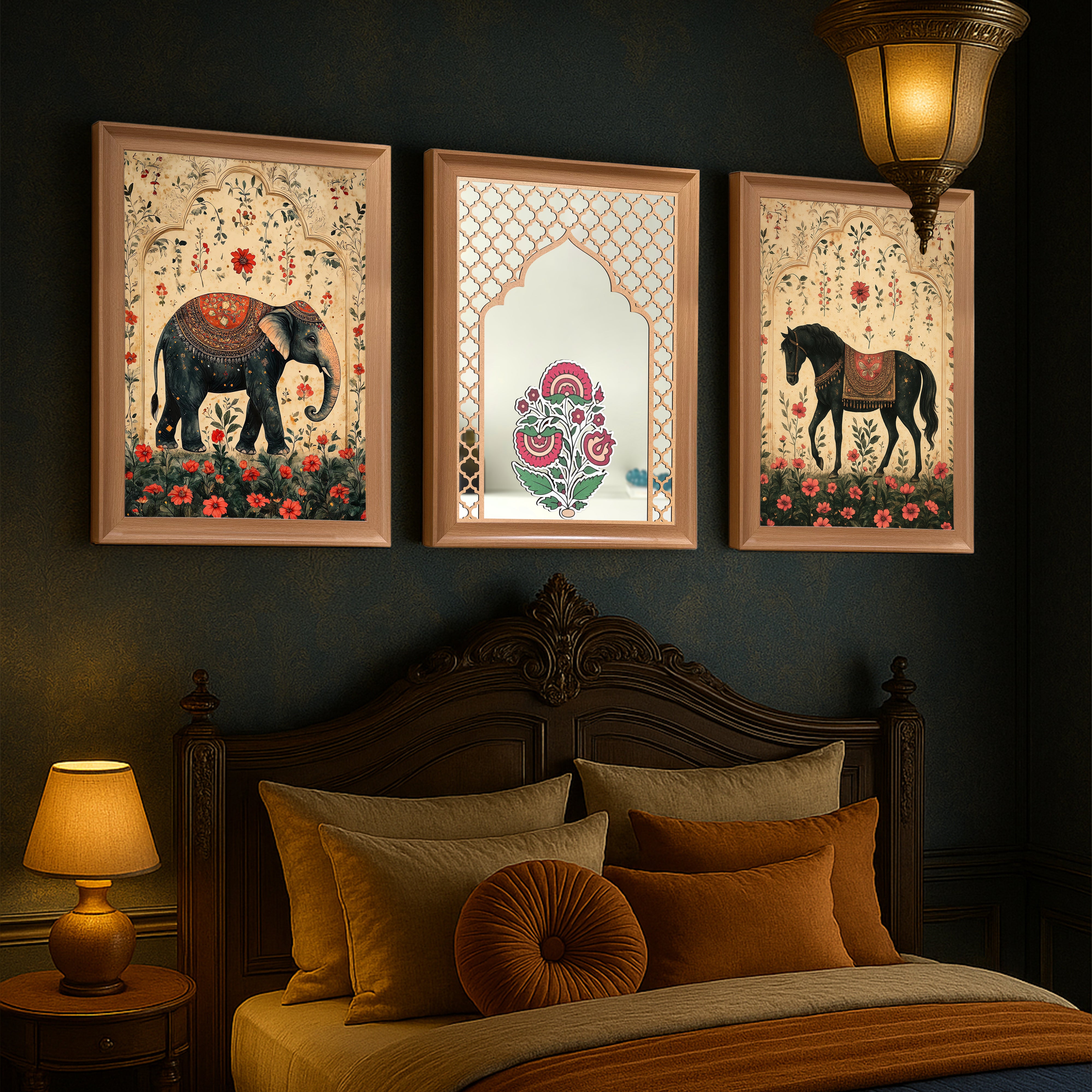 Traditional Mughal Motif Wall Painting With Mirror - Set Of Three media 5