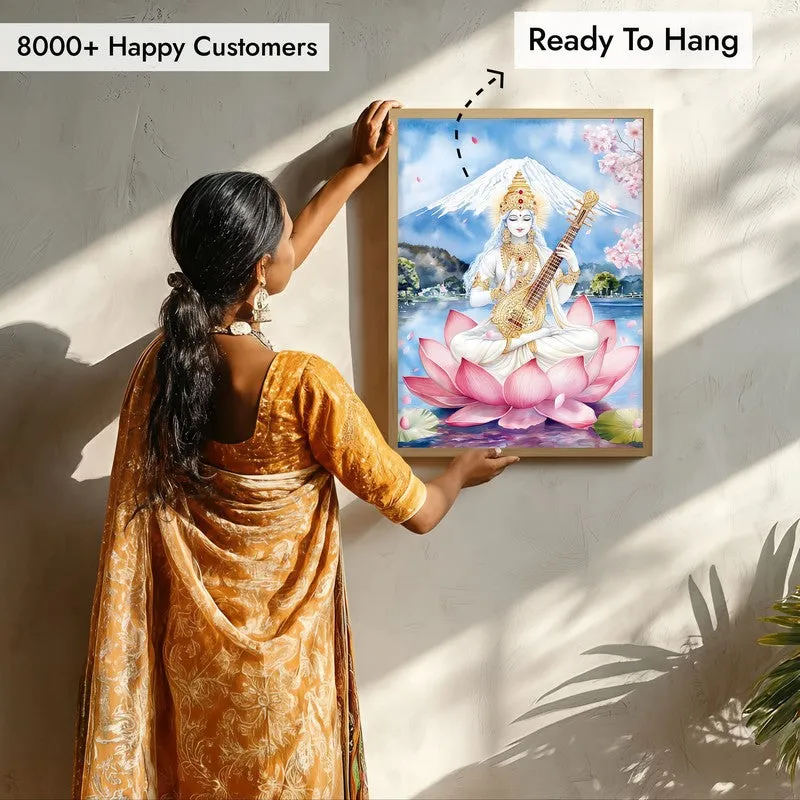 Padmasana Saraswati Spiritual Archival Paper Wall Painting - Natural Brown Frame media 7