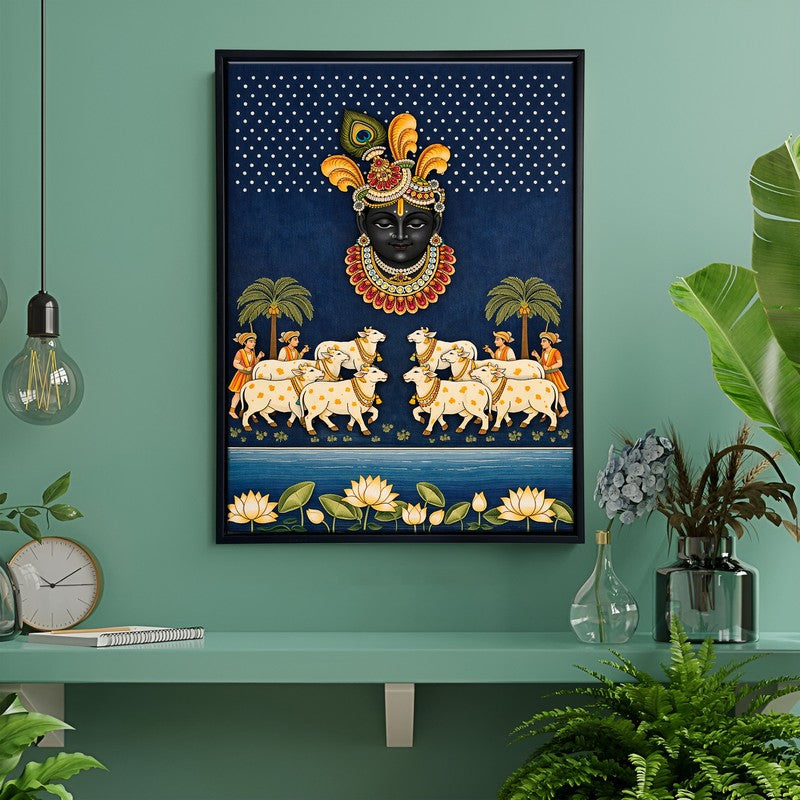 Krishna Gwalas Cow Canvas Wall Painting With Frame