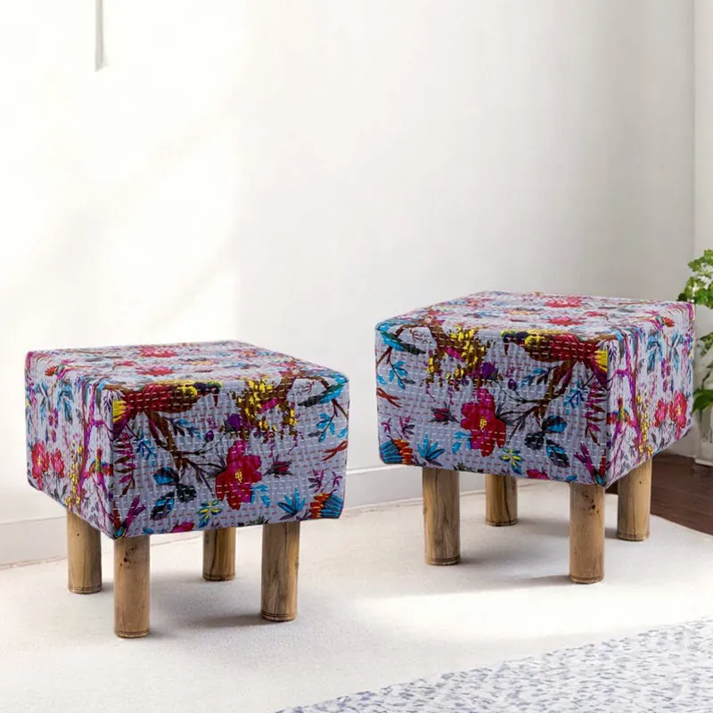 Qrixon Acacia Wooden Ottomans (Grey) - Set Of Two media 1