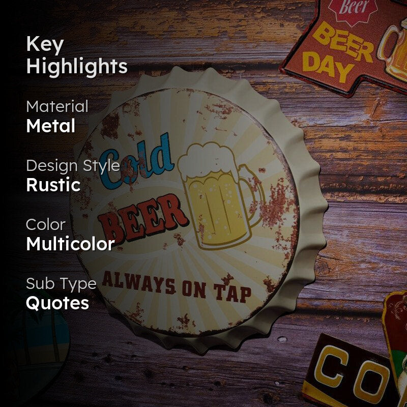 Cold Beer On Tap Bottle Cap Metal Wall Accent media 2