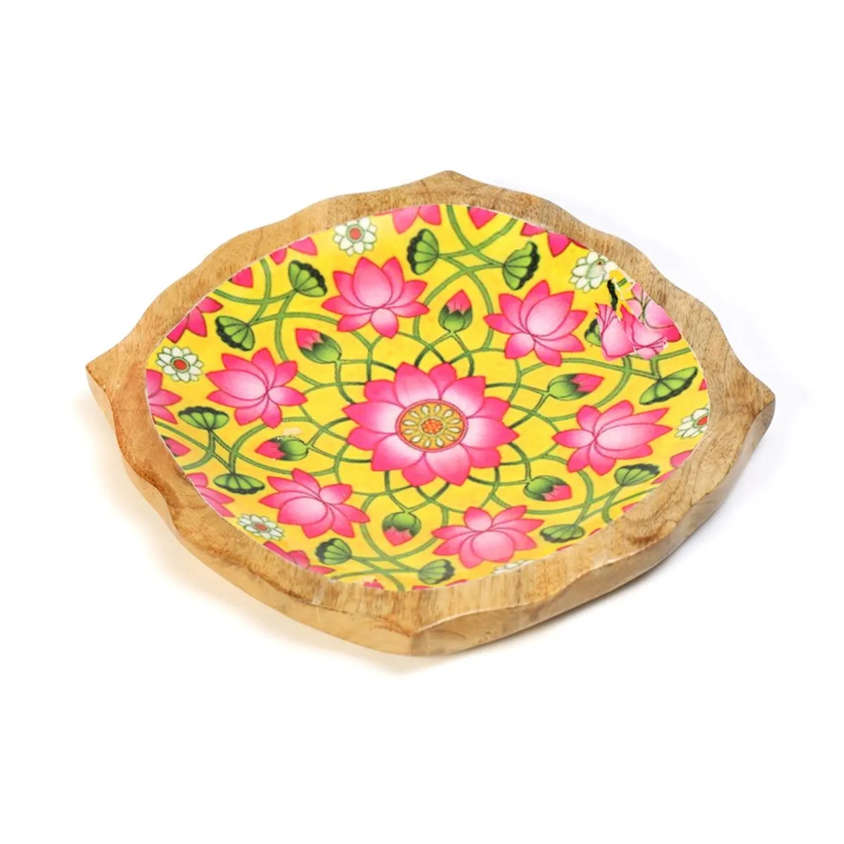 Single mango wood platter with yellow and pink floral design on a white background