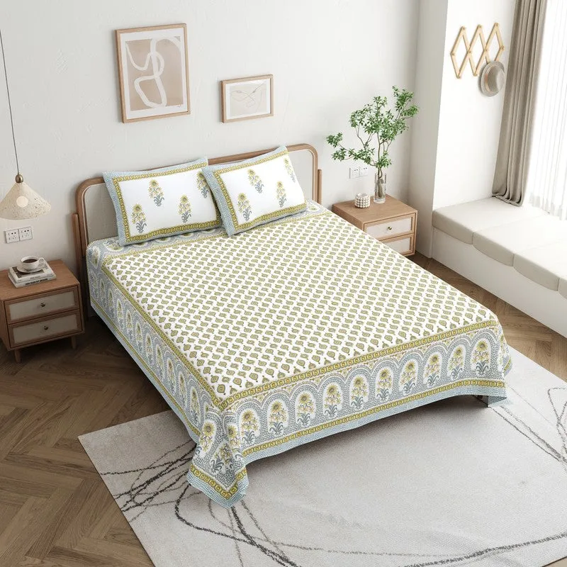 OvoFloro Handblock Printed Cotton Bedsheet (Green) - 400 TC media 1