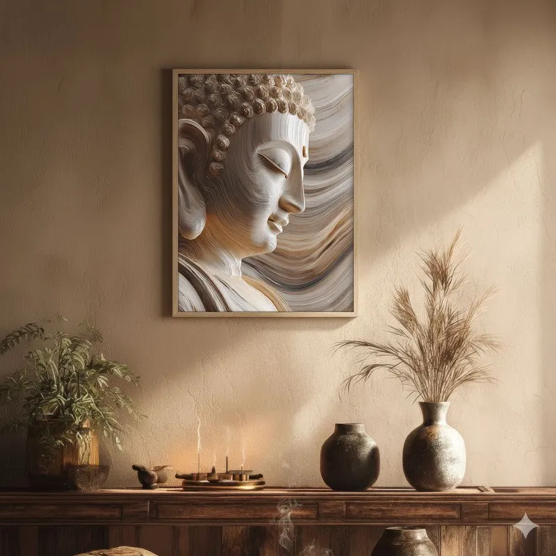 Ivory Buddha Serenity Archival Paper Wall Painting With Brown Frame media 1