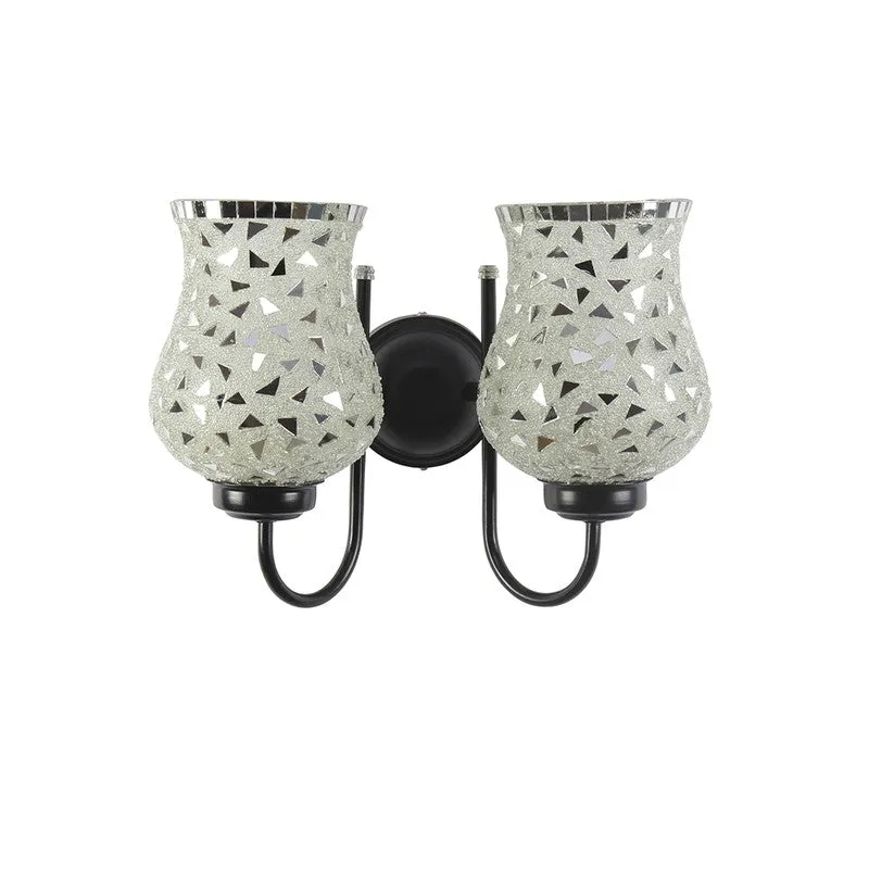 Studio view of dual mosaic glass wall lamp with black iron mount