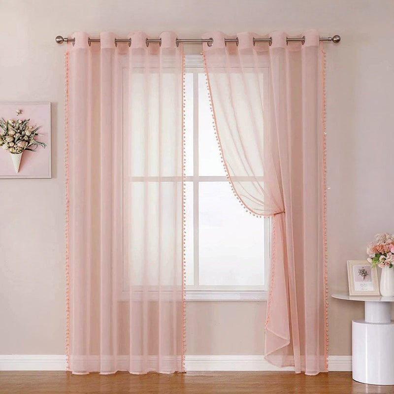 Urban Space Linen-Texture Curtain With Pom Pom (Blush Pink) - Set Of Two media 2