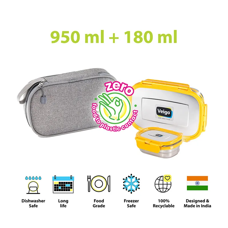 Delico Pack Yellow Lunch Box With Insulated Pouch (775 mL /150 mL) - Three Piece Set media 7