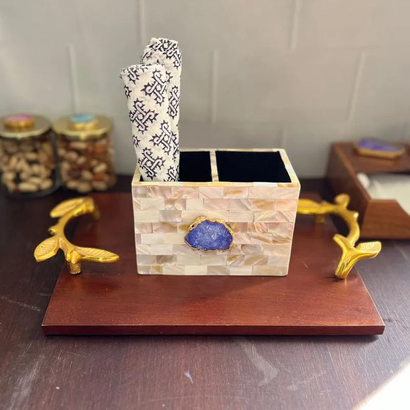 Suzzaine Handcrafted Mother Of Pearl & Agate Cutlery Holder - Dark Blue & Beige media 4