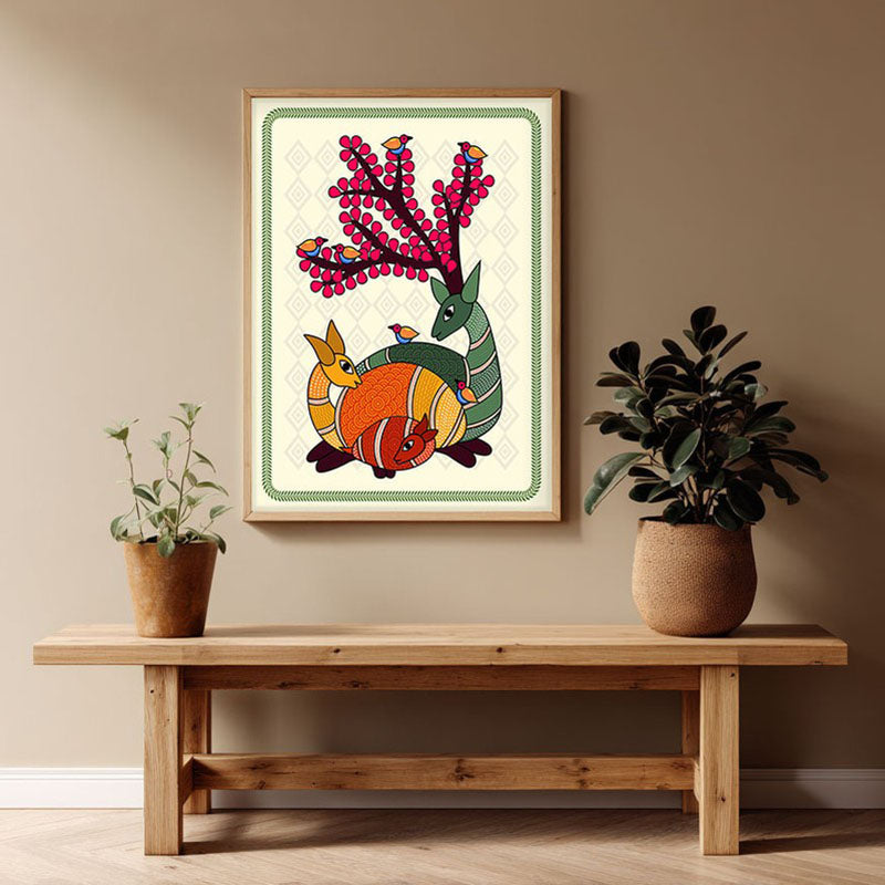 Deer In Color Framed Madhubhani Canvas Archival Canvas Wall Painting - Natural Brown Frame