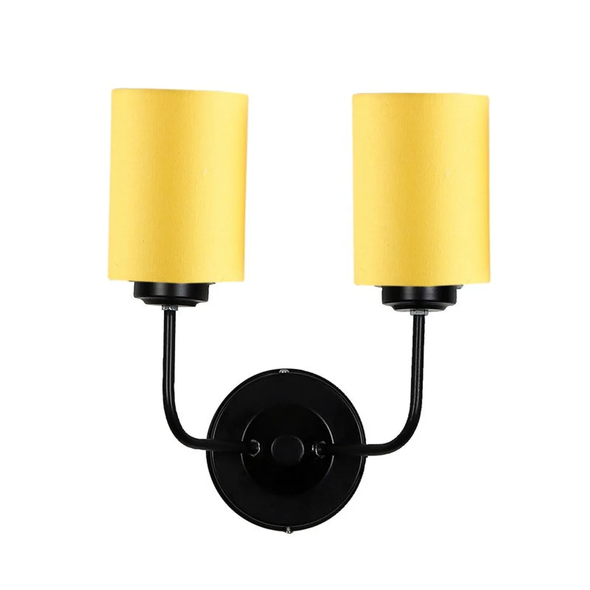 Studio view of yellow twin-shade wall lamp with round black wall plate