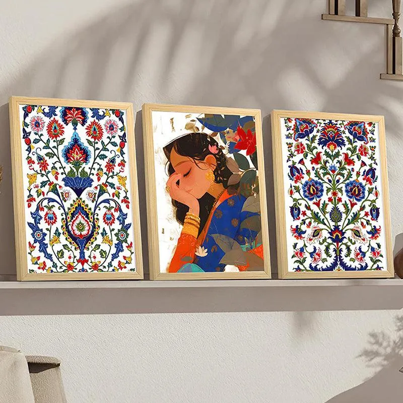 Gul Pari Mughal Paper Wall Art With Frame (Blue) - Set Of Three media 6