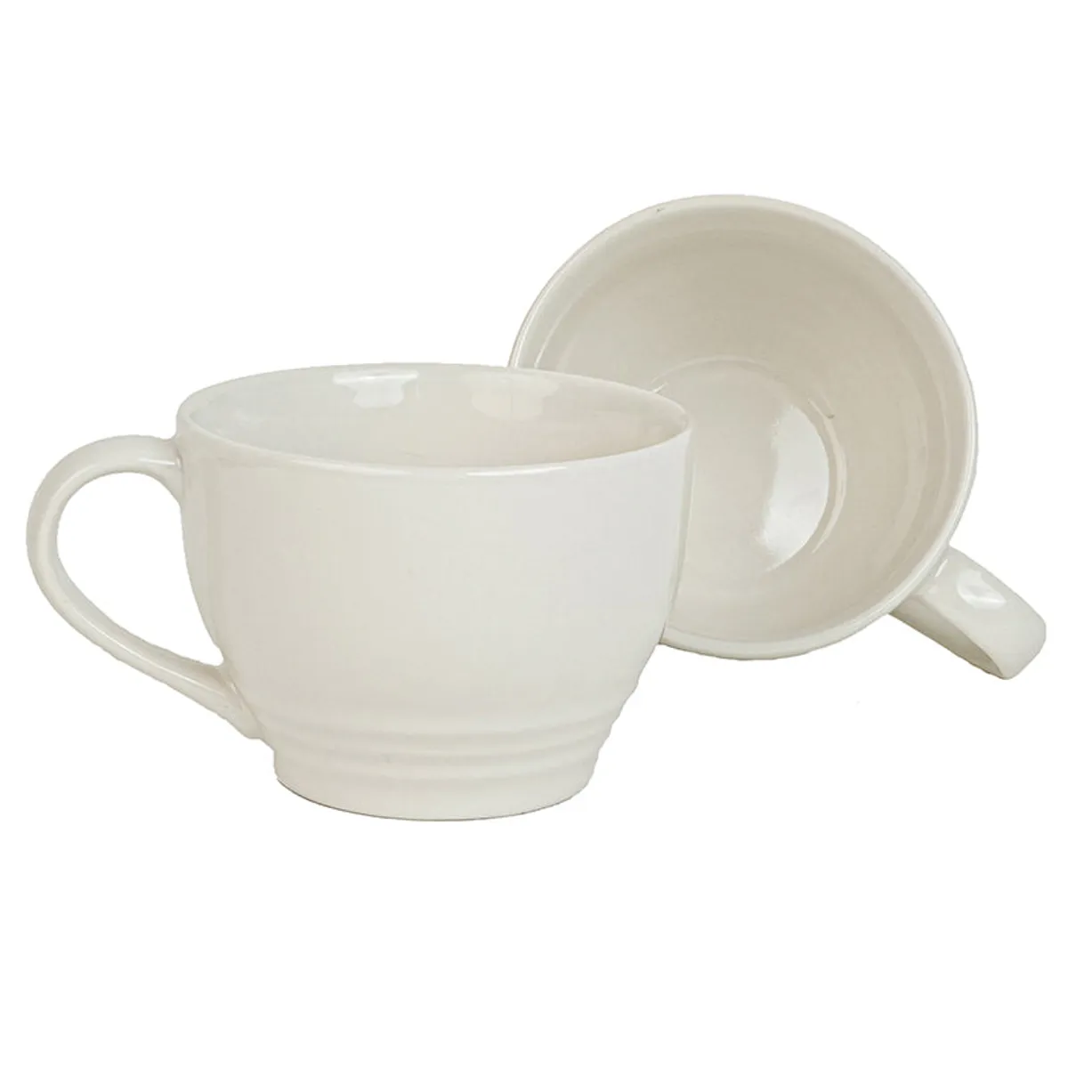 Two white ceramic mugs shown from front and rear angles