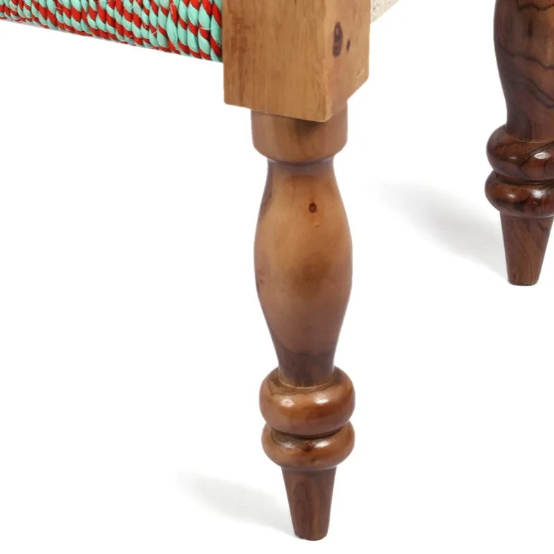 Close-up of turned wooden bench leg with smooth finish